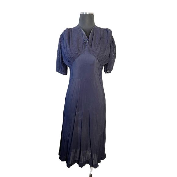 Vintage 1930s Navy Blue Dress with Burnout Sheer Sleeves -Size 4 Movie Star Glam - Picture 1 of 16